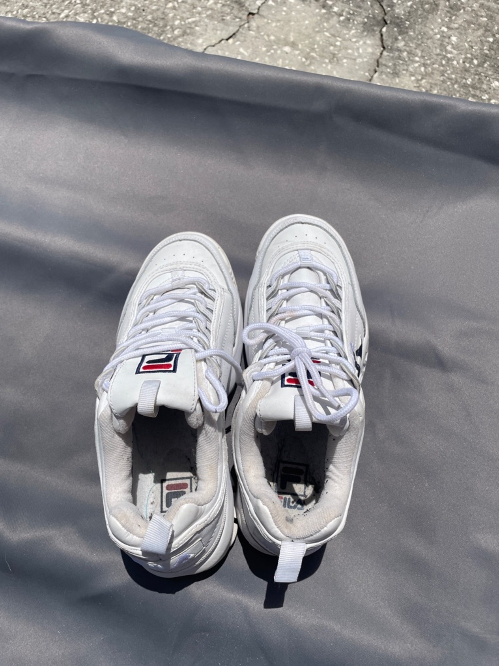 Fila White Leather Sneakers with Navy and Red Logo Accents